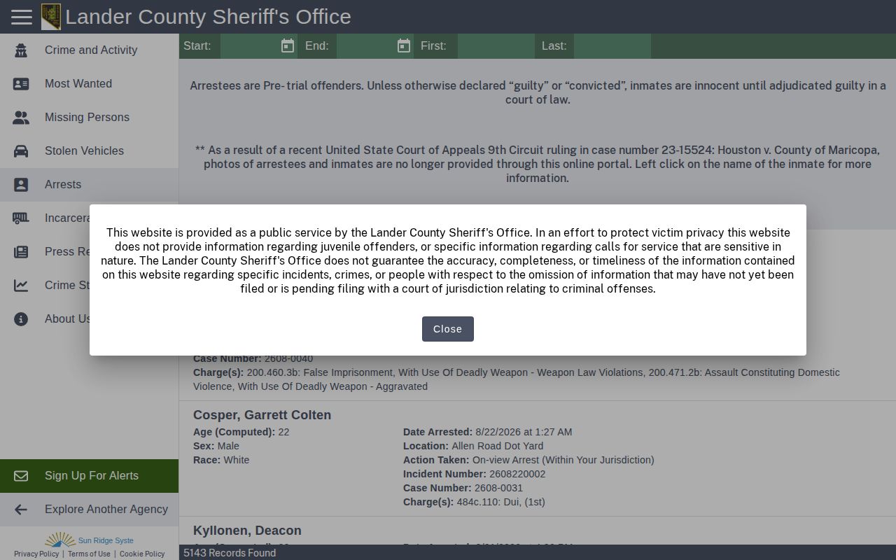 Lander County Sheriff CitizenRIMS official date-filtered arrest search interface