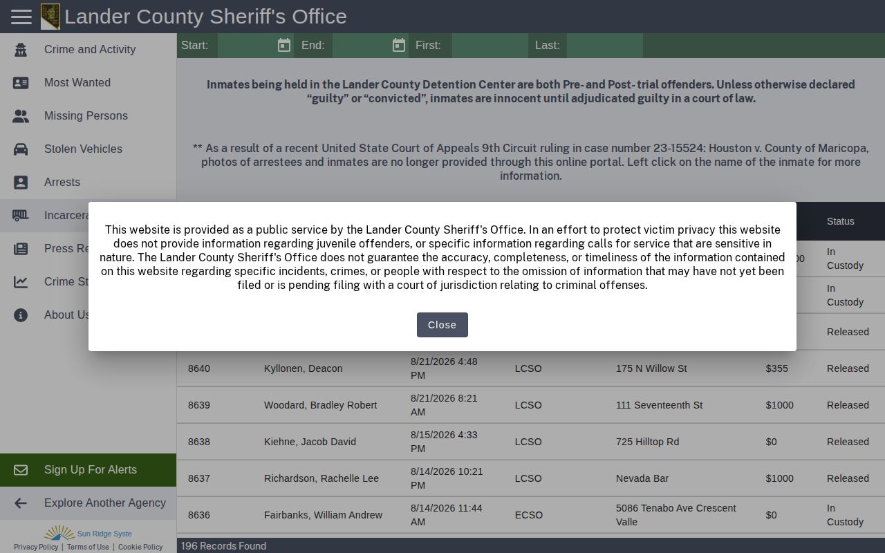 Lander County official current-custody search for Kingston booking records